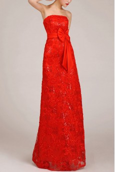 Satin and Lace Strapless Floor Length Column Dress with Embroidered