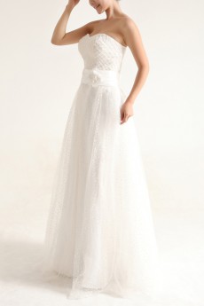 Net and Satin Strapless Floor Length A-line Gown with Pearls