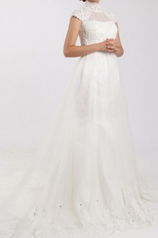 Lace High Collar Neckline Cathedral Train Mermaid Gown with Pearls