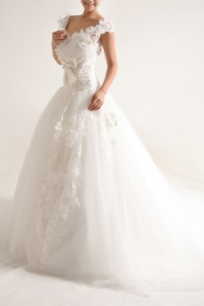 Organza Scoop Neckline Cathedral Train Ball Gown with Pearls