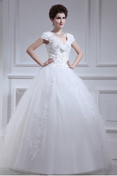 Organza V-neck Floor Length Ball Gown with Pearls