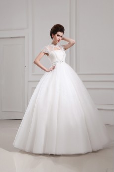 Net and Satin Jewel Neckline Floor Length Ball Gown with Crystal