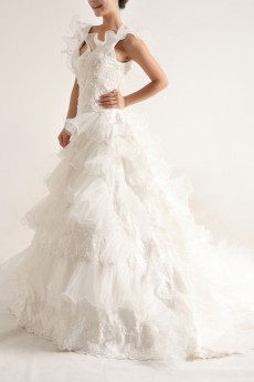 Lace V-neck Ball Gown with Handmade Flowers