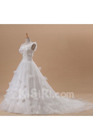 Net and Satin One Shoulder Cathedral Train Ball Gown with Handmade Flowers