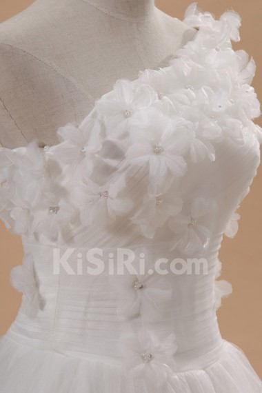 Net and Satin One Shoulder Cathedral Train Ball Gown with Handmade Flowers