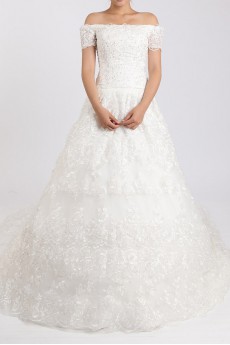 Lace Off-the-Shoulder Cathedral Train Ball Gown with Crystal