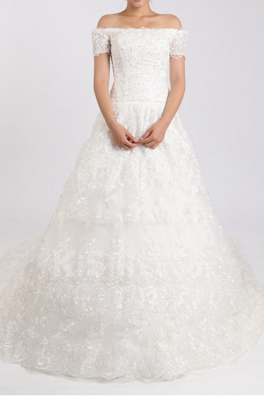 Lace Off-the-Shoulder Cathedral Train Ball Gown with Crystal