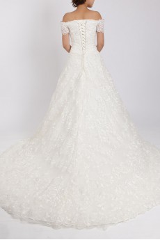 Lace Off-the-Shoulder Cathedral Train Ball Gown with Crystal