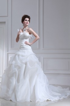 Organza One Shoulder Cathedral Train Ball Gown with Handmade Flowers