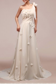 Chiffon One Shoulder Empire Gown with Handmade Flowers