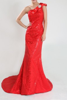 Lace One Shoulder Sheath Gown with Sequins