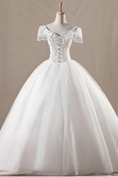 Net V-neck Floor Length Ball Gown with Crystal