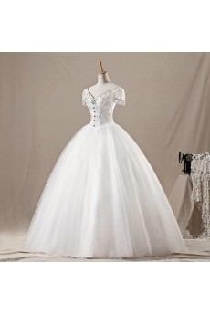 Net V-neck Floor Length Ball Gown with Crystal