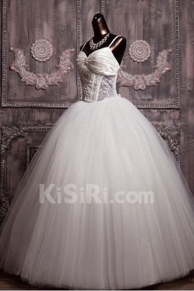 Net Spaghetti Neckline Floor Length Ball Gown with Pearls