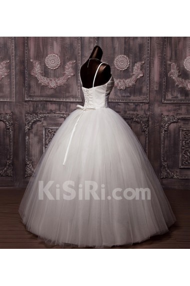 Net Spaghetti Neckline Floor Length Ball Gown with Pearls