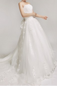 Lace Strapless Cathedral Train Ball Gown with Crystal