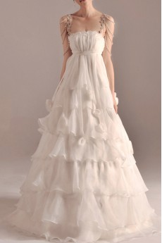 Organza Spaghetti Neckline Floor Length A-line Gown with Handmade Flowers