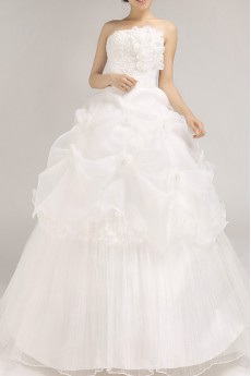 Organza Strapless Floor Length Ball Gown with Handmade Flowers