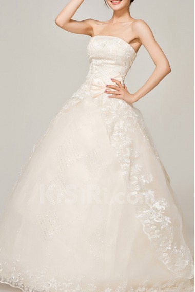 Satin Strapless Floor Length Ball Gown with Embroidered