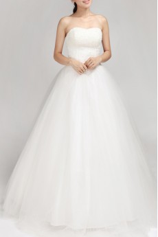 Satin Scoop Neckline Floor Length Ball Gown with Pearls