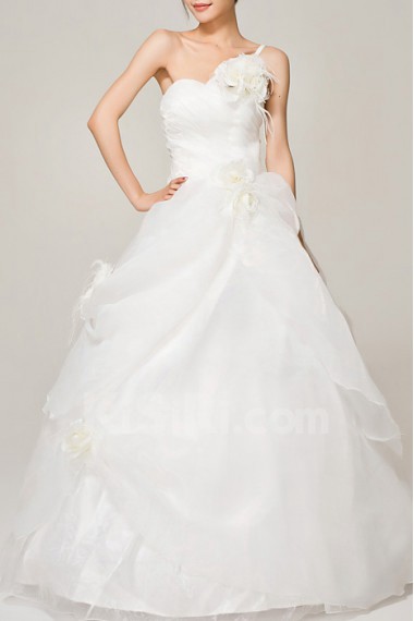Satin One Shoulder Floor Length Ball Gown with Handmade Flowers