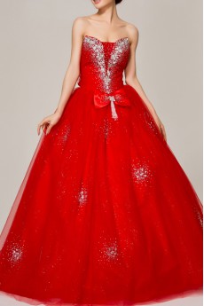 Satin Strapless Floor Length Ball Gown with Crystal