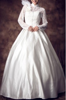 Lace High Collar Neckline Floor Length Ball Gown with Feather