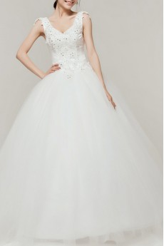 Satin V-neck Floor Length Ball Gown with Sequins