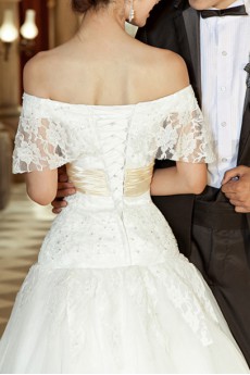 Lace Off-the-Shoulder Cathedral Train Ball Gown with Sequins