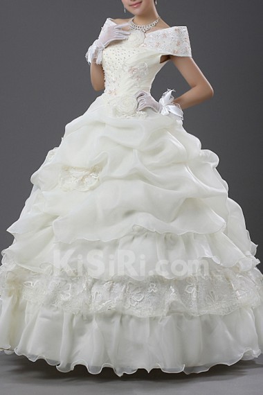 Tulle Off-the-Shoulder Floor Length Ball Gown with Pearls