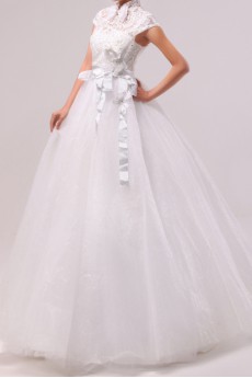 Tulle Jewel Neckline Floor Length Ball Gown with Handmade Flowers