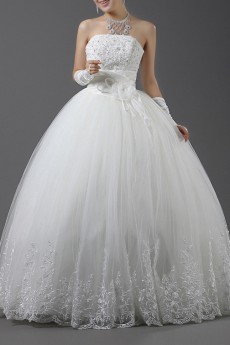 Organza Strapless Floor Length Ball Gown with Handmade Flowers