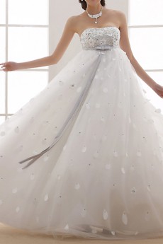 Organza Strapless Floor Length Ball Gown with Handmade Flowers