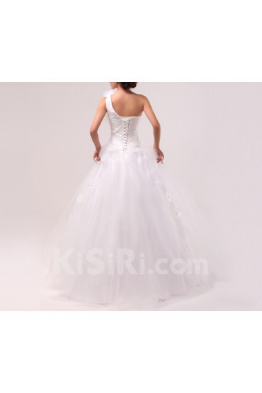 Organza One Shoulder Floor Length Ball Gown with Handmade Flowers