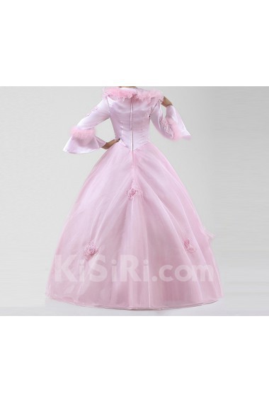 Satin Jewel Neckline Floor Length Ball Gown with Handmade Flowers