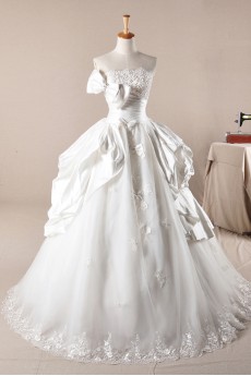 Satin Strapless Ball Gown Dress with Pearls