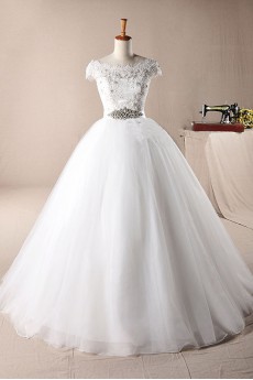 Lace Off-the-Shoulder Floor Length Ball Gown Dress with Crystal