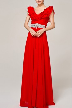 Chiffon V-neck Floor Length Empire Dress with Crystal