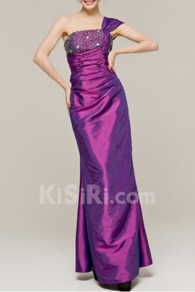 Satin One Shoulder Floor Length Sheath Dress with Sequins