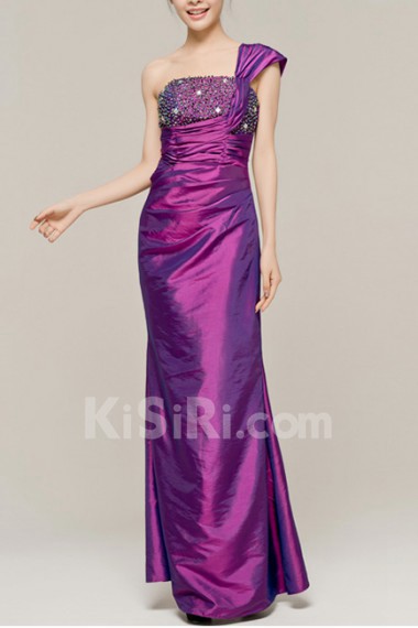 Satin One Shoulder Floor Length Sheath Dress with Sequins