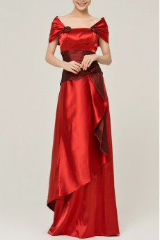 Satin Off-the-Shoulder Floor Length A-line Dress with Handmade Flowers