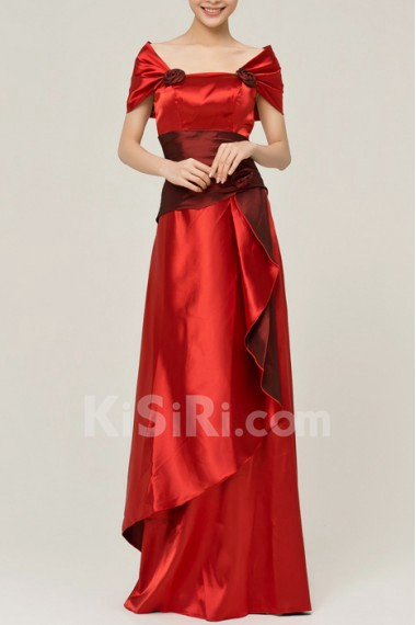 Satin Off-the-Shoulder Floor Length A-line Dress with Handmade Flowers