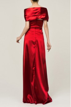 Satin Off-the-Shoulder Floor Length A-line Dress with Handmade Flowers