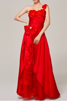 Taffeta One Shoulder Floor Length A-line Dress with Handmade Flowers