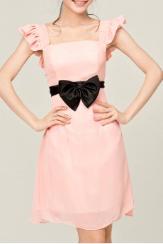 Chiffon Square Neckline Short A-line Dress with Bow