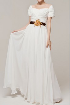 Chiffon Off-the-Shoulder Floor Length A-line Dress with Handmade Flowers