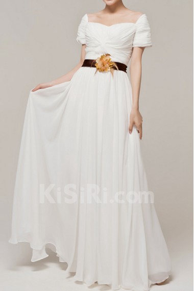 Chiffon Off-the-Shoulder Floor Length A-line Dress with Handmade Flowers