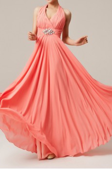 Chiffon Halter Floor Length Corset Dress with Crystal