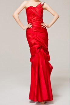 Satin One Shoulder Floor Length Sheath Dress with Crystal