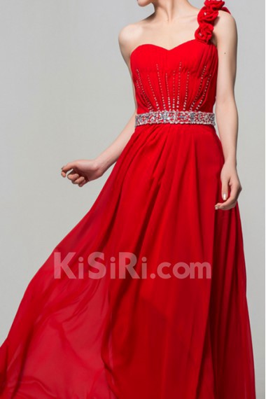 Chiffon One Shoulder Floor Length A-line Dress with Crystal